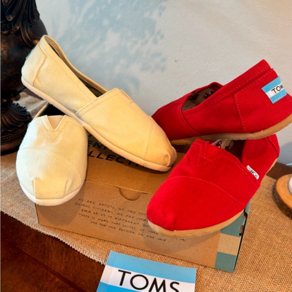 TOMS Vibrant Red and Soft Cream Slip-Ons